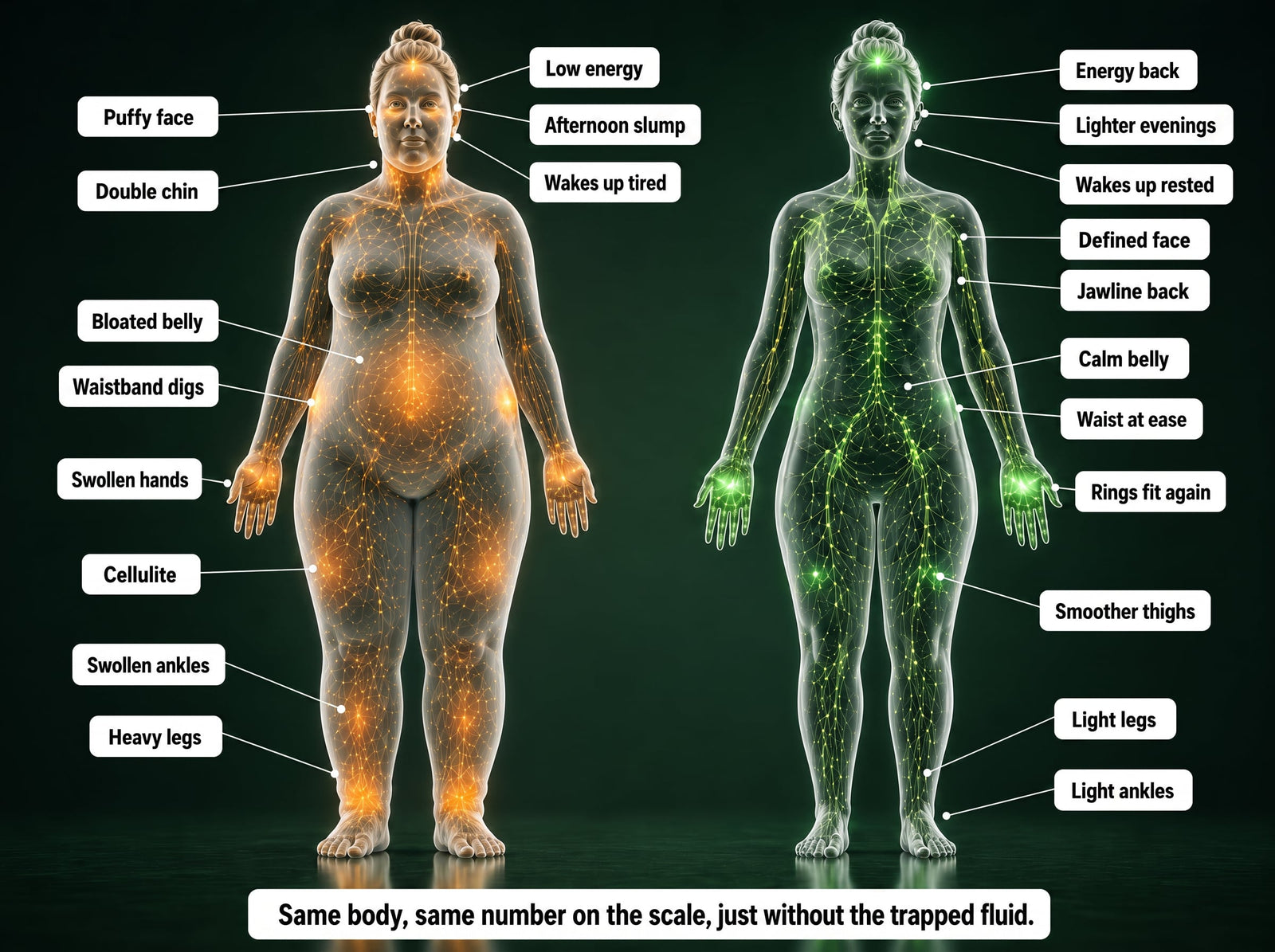 Two body diagrams side by side: one holding trapped fluid, one draining freely
