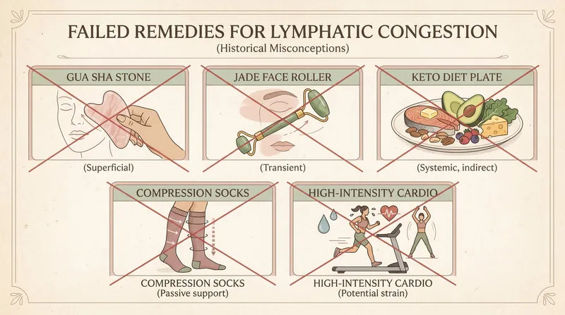 Diagram showing failed remedies for lymphatic congestion with illustrations and text.