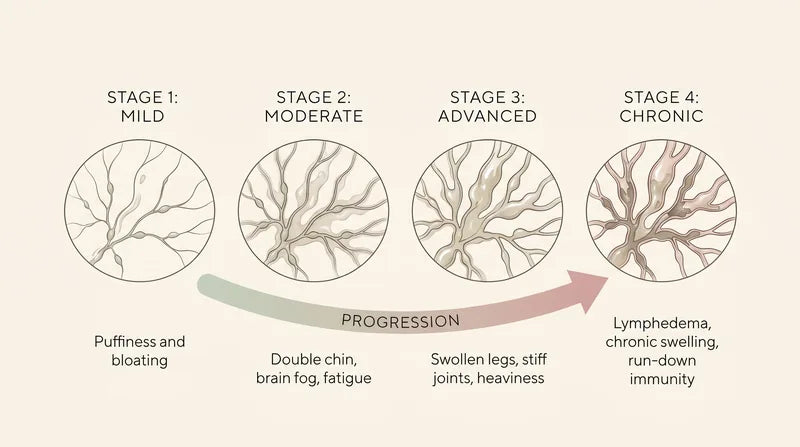 Diagram showing the progression of a condition from mild to critical stages with corresponding symptoms.