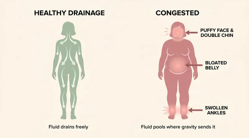 Diagram comparing healthy and congested lymph systems with labeled body parts and symptoms.