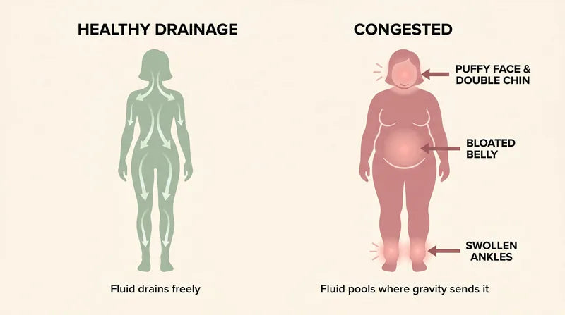 Diagram comparing healthy and congested lymph systems on a beige background.